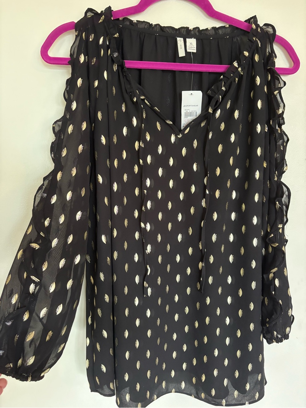 NWT Sheer Ruffle Cold Shoulder Black and Gold Blouse